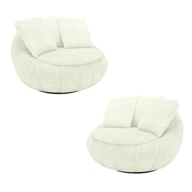 Imagem de Kit 2 Poltronas Giratória Sala de Estar com Almofadas Afrodite Off White Bouclê G45 - Gran Belo