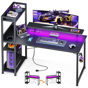 Imagem de Mesa Gamer Reversível ODK 122 cm Fibra de Carbono Preto com Luzes LED, Tomadas USB, Prateleiras Ajustáveis e Suporte para Monitor,