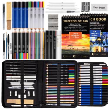 Imagem de Kit de desenho profissional Drawdart 76 peças com estojo, cadernos de desenho e aquarela, lápis de grafite, carvão, aquarela