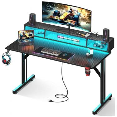 Imagem de Mesa Gamer MOTPK 122 cm Preto com Suporte Monitor Flutuante LED, Tomadas USB, Prateleira Aberta e Estrutura em T, Textura Fibra Carbono