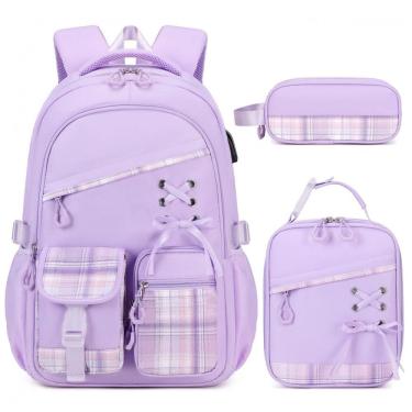 Imagem de DIGOBAY Mochila 3 em 1 para Meninas com Lancheira, estojo e porta USB - Estilo Xadrez Roxo, Resistente e Espaçosa