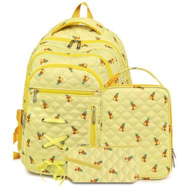 Imagem de Mochila escolar com estampa de abacaxi com lancheira e estojo para meninas e adolescentes, 17", múltiplos compartimentos