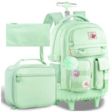 Imagem de Mochila escolar CCJPX com rodinhas verde, conjunto 3 peças com lancheira e estojo, resistente à água