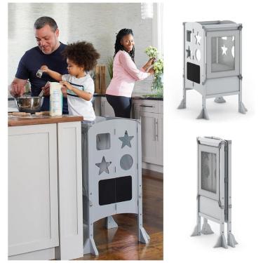 Imagem de Banqueta Torre de Aprendizagem Dobrável Guidecraft Classic Kitchen Helper Cinza Madeira Bétula Altura Ajustável