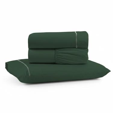 Imagem de Jogo De Lençol Solteiro Premium Soft 600 Fios Micropercal Verde Escuro Ponto Palito Toque Macio 3 Peças