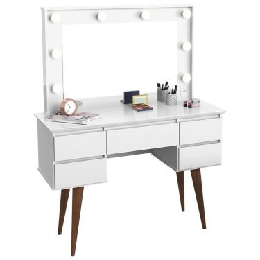 Imagem de Penteadeira Com Espelho 5 Gavetas Pés Palito Camarim Branco