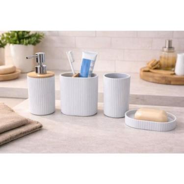 Imagem de Conjunto Banheiro Tampa Bambu Lixeira Saboneteira Porta Escova Pote Al