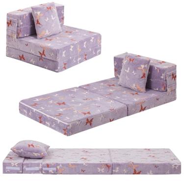 Imagem de MeMoreCool Cama dobrável para cadeira futon para crianças, sofá-cama dobrável com três folhas, colchão de sofá infantil conversível, sofá de espuma para sentar, roxo