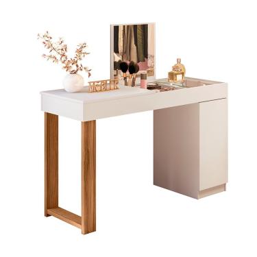 Imagem de Mesa Escrivaninha Office Penteadeira Love 2 Gavetas com Espelho Design Moderno Branco Fosco Cinamomo Mel