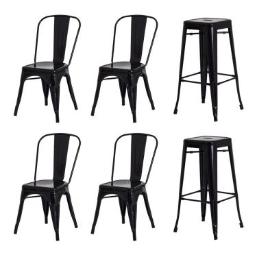 Imagem de Kit 4 Cadeiras + 2 Banquetas Tolix Iron Design Preta Aço Industrial Sala Cozinha Jantar...