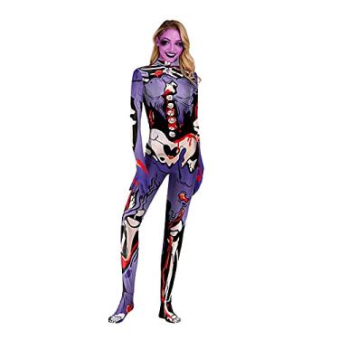 Imagem de Yajun Macacão de esqueleto com estampa 3D de cores assustadoras para o Dia das Bruxas macacão com caveira e zíper nas costas, P (busto: 76 cm)