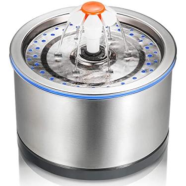 Imagem de Hlily Fonte De Água Para Animais De Estimação Em Aço Inoxidável, 84 Oz/2,5 L, Filtragem De 4 Estágios, Fonte De Água Para Gatos De Etal Ultra Silenciosa Com Luz Led E Filtro,M,Prata