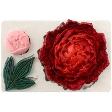 Imagem de FUNSHOWCASE Molde de silicone grande peônia com botão e folha fondant doce para artesanato em açúcar, decoração de bolo, topo de cupcake, joias de fundição de resina de argila polímera, fabricação de sabonete, projetos de artesanato 13,3 x 8,5 x 2,2 cm