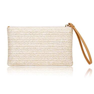 Imagem de COOKOOKY Bolsa clutch feminina de palha boêmia verão praia bolsa de palha com zíper carteiras para mulheres, Bege- Branco, 8x4.8x0.6