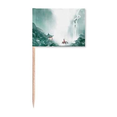 Imagem de Mountain Rain Mo Chinês Aquarela Palito de Dente Bandeiras Marcador Topper Decoração de Festa