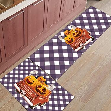 Imagem de Tapete de corredor de cozinha, caminhão laranja aquarela de Halloween com fantasma de abóbora roxo Bufalo xadrez antiderrapante tapete de porta tapete tapete tapete para lavanderia cabeceira banheiro quarto conjunto de 2