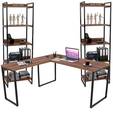 Imagem de Kit Mesa Para Escritório Industrial em L com 2 Estantes com 5 Prateleiras Form C01 Nogal - Lyam Decor