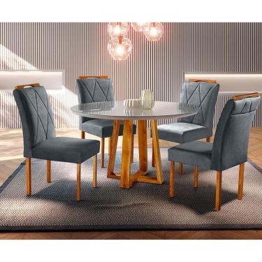 Imagem de Conjunto Sala de Jantar Natalle 4 Lugares com Mesa Redonda e Tampo em Vidro 1,2m e 4 Cadeiras Móveis Mundial