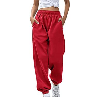Imagem de Tawop Calça de moletom lisa para mulheres 2023 com cordão cintura elástica calça atlética calça justa calça larga Y2K, Vermelho, G