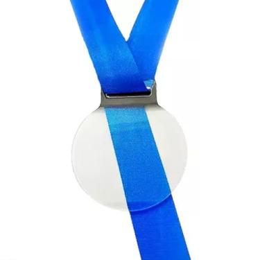 Imagem de Kit 100 Medalhas Redondas 5cm Acrílico Cristal 2mm Fita Azul