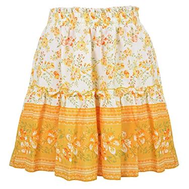 Imagem de Saia feminina de verão Harajuku saia estampada saias boêmias vento nacional saia com babados feminina doce elegante, Amarelo, M