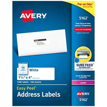 Imagem de Avery Easy Peel Mailing Rótulos para impressoras a laser, 1,33 x 4 polegadas, 14-up, branco, caixa de 1400 (05162)