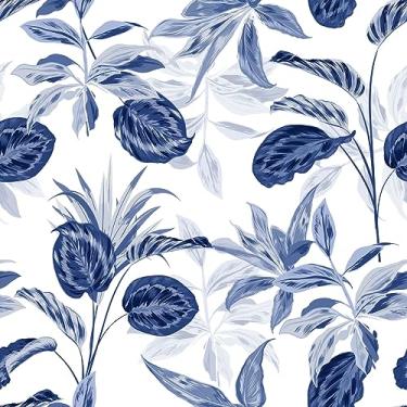 Imagem de BaoHArtHome Papel de parede floral azul marinho e branco com folhas de palmeira, papel de parede tropical, selva, contato, folhas, flor, aquarela, banheiro, papel de parede removível 45 x 3 m