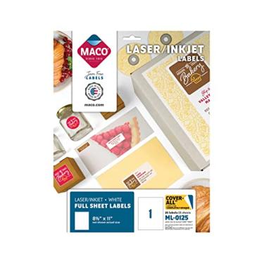 Imagem de MACO Etiquetas de folha completas brancas a jato a laser/tinta, 21 x 28 cm, 1 por folha, 25 por pacote (ML-0125)