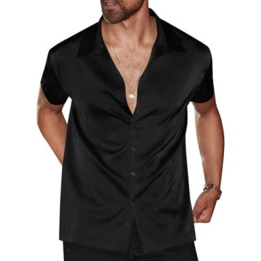Imagem de Runcati Camisa social masculina luxuosa de cetim de seda casual de botão manga curta festa de formatura casamento, Preto, GG
