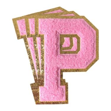 Imagem de 3 peças de remendos de letras de chenille rosa glitter ferro em remendos de letras universitárias remendo bordado de chenille costurar em remendos para roupas bolsas de chapéu jaquetas camisa (rosa, P)