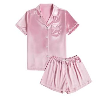Imagem de LYANER Pijama feminino de cetim e seda, manga curta, botão, camisa e shorts, pijama pijama, rosa, GG