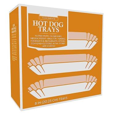 Imagem de 100 bandejas de papel para cachorro-quente | Embalagens para cachorro-quente branco | Pratos de suporte de bandeja para cachorro-quente de 20,3 cm | Barcos descartáveis para cachorro-quente | Recipiente para cachorro-quente - Bandejas de suporte de concessão - Acessórios para carrinho de cachorro-qu