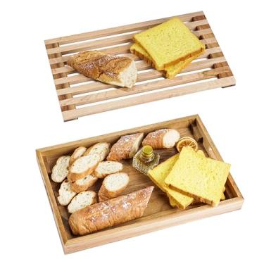 Imagem de Tábua de cortar pão de madeira Nuvograin com fatiador, bandeja de migalhas e suporte - Bandeja de servir para cozinha, design de combinação de cores - para bolo, bagels - 24 cm de largura x 3,7 cm de