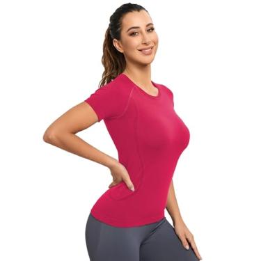 Imagem de MathCat Camisetas de treino para mulheres, blusas de treino para mulheres, camisetas de manga curta para ioga e academia sem costura, Vermelho cereja, GG