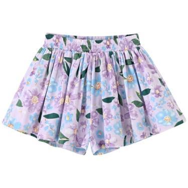 Imagem de Short feminino floral plissado tipo saia saia larga saia rodada roupas de verão para crianças 2-9 anos, Flor de lírio roxa, 3T