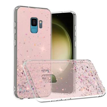 Imagem de Compatível com Samsung S9 Capa brilhante verde transparente, capa para celular Samsung Galaxy S9 silicone transparente TPU macio mulheres meninas à prova de choque capa fina (rosa)