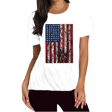 Imagem de Blusa feminina 4 de julho Dia da Independência camiseta estampada bandeira dos EUA Túnica Patriótica Star Stripes Camisa, Branco, G