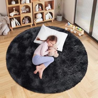 Imagem de ATRUG Tapete redondo fofo preto de 1,2 m para quarto, tapete redondo peludo tingido de gravata antiderrapante, felpudo felpudo para sala de estar, quarto de adolescente, quarto de bebê, sala de jogos