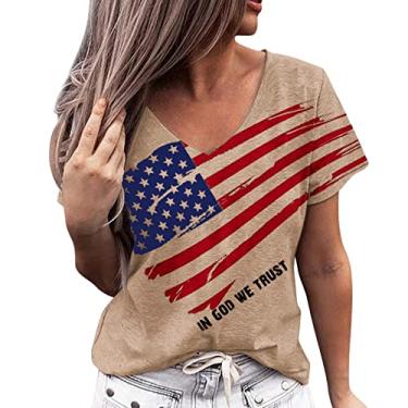 Imagem de Camiseta feminina com bandeira americana solta gola V manga curta camiseta Dia da Independência 4 de julho Memorial Day blusa 2024, Caqui, M