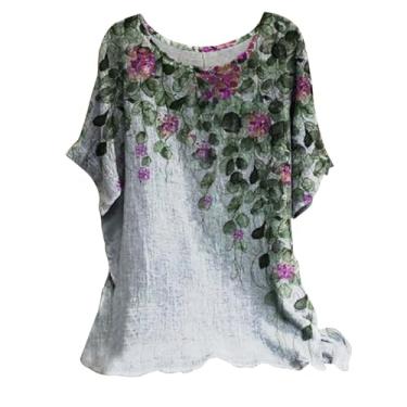 Imagem de Camisetas femininas de linho para o verão, floral, estampadas, casuais, de manga curta, túnica, solta, básica, para sair, C - Cinza, P