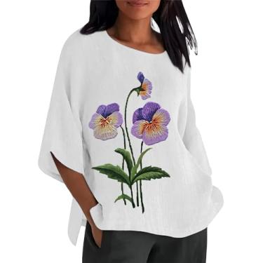 Imagem de Camisetas femininas de conscientização de Alzheimers com estampa floral roxa de linho e manga 3/4 solta, gola redonda, blusas casuais, Branco, XXG
