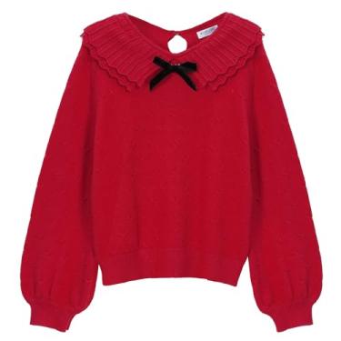 Imagem de Kukume Suéter feminino manga longa gola dupla suéter de malha pulôver com mangas lanterna e laço para 3-12 anos, Vermelho, 5-6 Anos