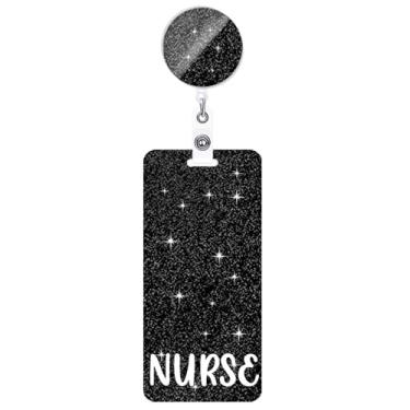 Imagem de ANDGING Conjunto de crachá de enfermeira preto e carretel de crachá com glitter vertical para cartões de enfermagem porta-cartões RN CNA Bling Badge Reels retrátil cartão de identificação médica