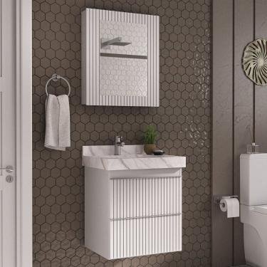 Imagem de Conjunto Para Banheiro Lavatório Em Porcelanato Com Cuba Esculpida, Gabinete e Espelheira Ripy 60cm Branco