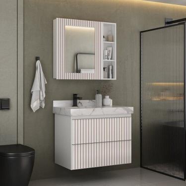 Imagem de Conjunto Para Banheiro Lavatório Em Porcelanato Com Cuba Esculpida, Gabinete e Espelheira Ripy 80cm Branco