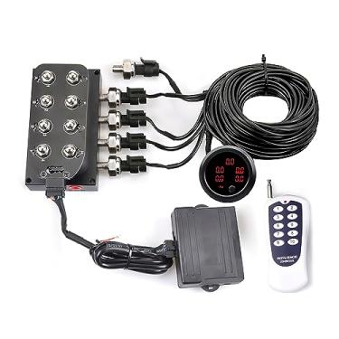 Imagem de ZHSYMX Válvula solenoide de 8 válvulas 12v Válvula coletora de suspensão de ar com controle remoto 0-300 PSI com medidor de pressão de ar de cinco monitores