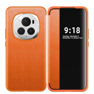 Imagem de LTLMYDAM Capa de couro para Honor Magic 6 Pro/6, capa fina flip view transparente para PC janela negócios capa protetora magnética para celular, laranja, 6