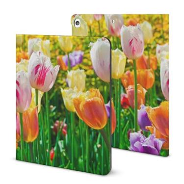 Imagem de Capa para iPad 9ª geração, capa para iPad Air 5ª geração, tulipas multicoloridas, estampa de flores, capa para iPad Pro de 11 polegadas, capa de 10,2 polegadas com suporte para lápis e suporte (couro