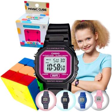 Imagem de Kit Relógio Casio Infantil Meninas Meninos Digital Resistente Agua Pequeno Alarme Preto LA-20WH + Cubo Magico