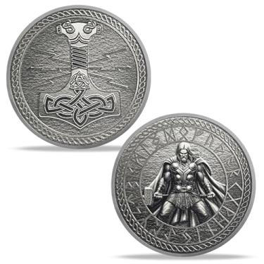 Imagem de Thor Viking Challenge Coin - Deus nórdico com Mjölnir e runas - Presentes nórdicos para força, proteção e poder na mitologia nórdica
